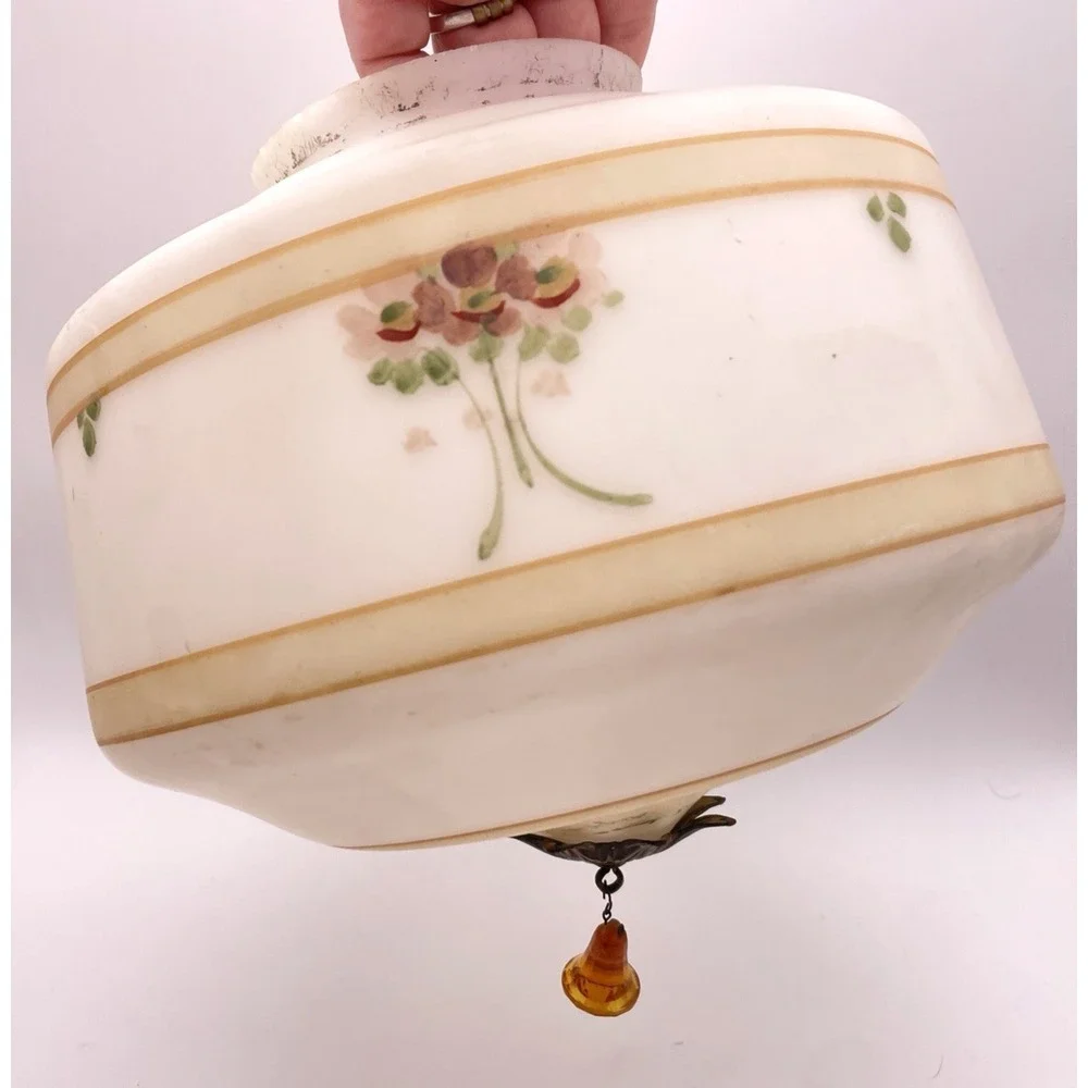Vtg Satin Glass‎ Hand Painted Rose Floral Ceiling Light Shade Globe Jewel Drop